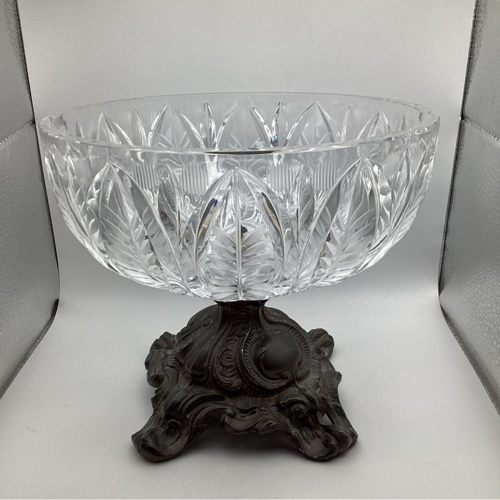 VTG Round Cut Crystal/Cast Metal Pedestal 7-3/4” dia. Compote Center Piece Bowl
